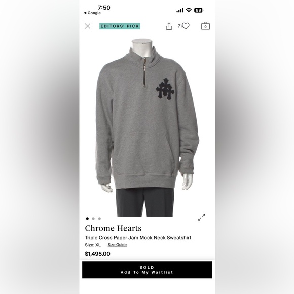 Chrome Hearts Triple Cross Paper Jam Mock Neck Grey Sweatshirt, Size XL - Picture 16 of 16